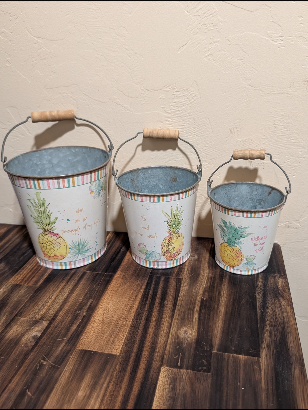 Set Of Three Galvanized Pineapple Tins For Organizing Beachy/Tropical